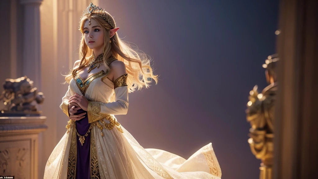 Depiction of only the upper body"A graceful portrait of Princess Zelda from The Legend of Zelda, focusing on her full upper body as she stands elegantly. Zelda is dressed in her royal attire, a flowing gown that is adorned with intricate golden patterns and symbols of the Triforce. Her long, blonde hair is styled in soft waves, with a delicate tiara resting atop her head, symbolizing her status as the princess of Hyrule. She stands with poise, her posture straight and regal, her hands gently resting in front of her. Her expression is calm and serene, yet her violet eyes convey a sense of wisdom and quiet strength. The soft glow of the surroundings enhances her ethereal presence, making her appear almost otherworldly, a true embodiment of grace and power."