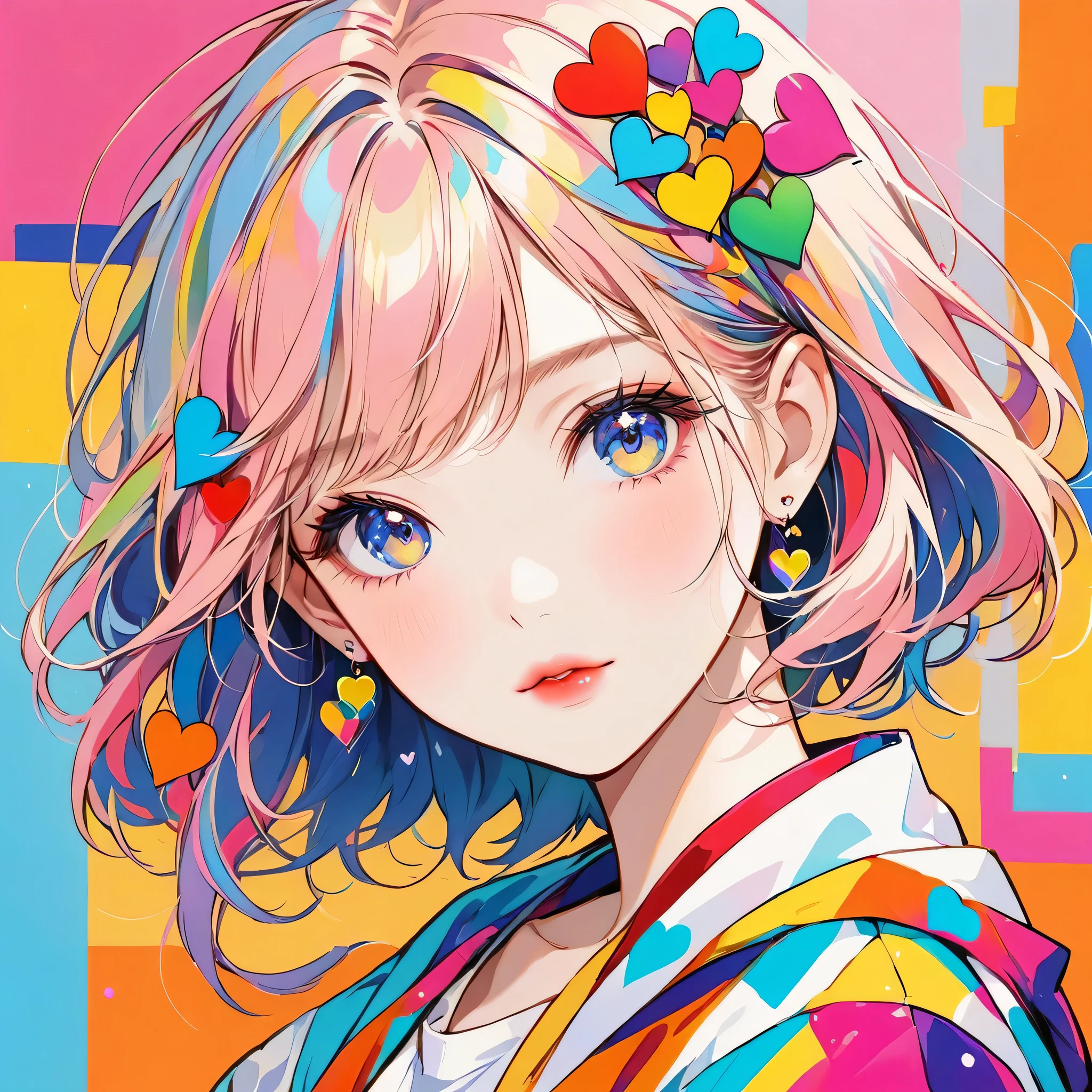 Mika Pikazo colorful style, Simple Line Initialism，Abstract art，Urban Background, (((The most beautiful girl of all time))), Sweet face. Lips in love, colorful hearts, stylish design