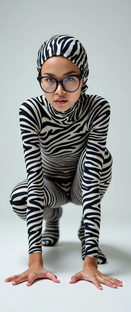 The most beautiful,thin,most pretty and clever Asian muslimah with glasses wears zebra lycra turtleneck unitard catsuit covered with stripes.She always wear zebra print lycra dancewear stretchy hijab.She is crawling!