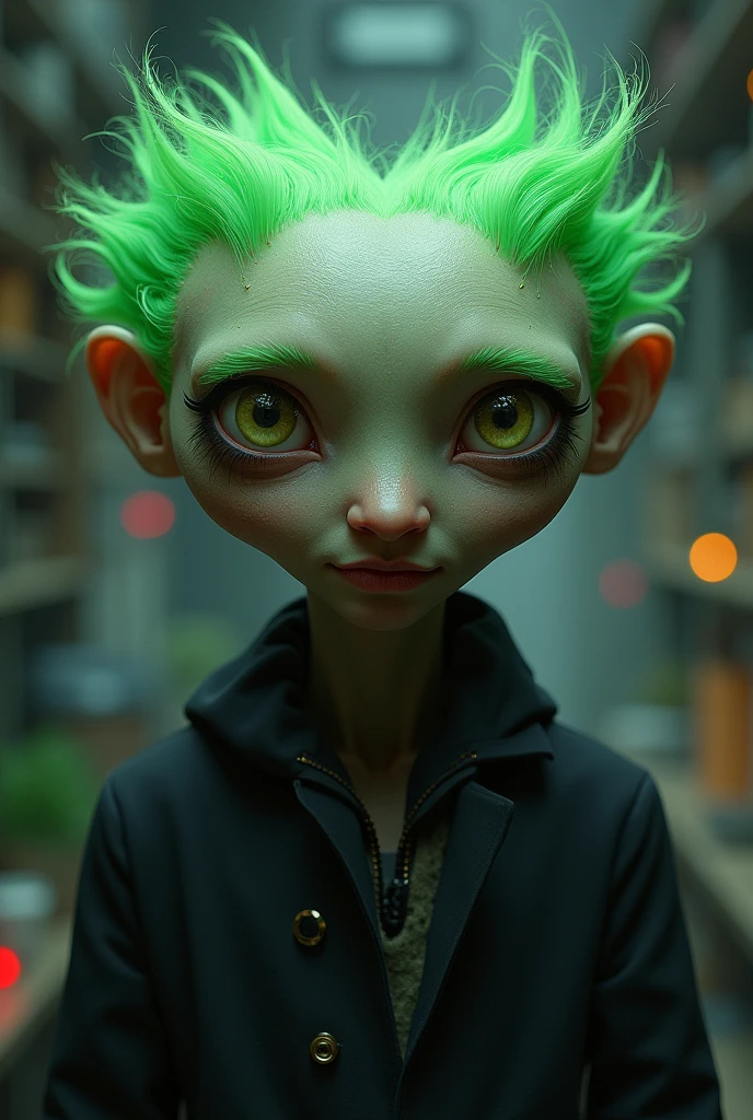 Create an image using the same art style, but he must be a 2 man, that is scientific, with green hair with black