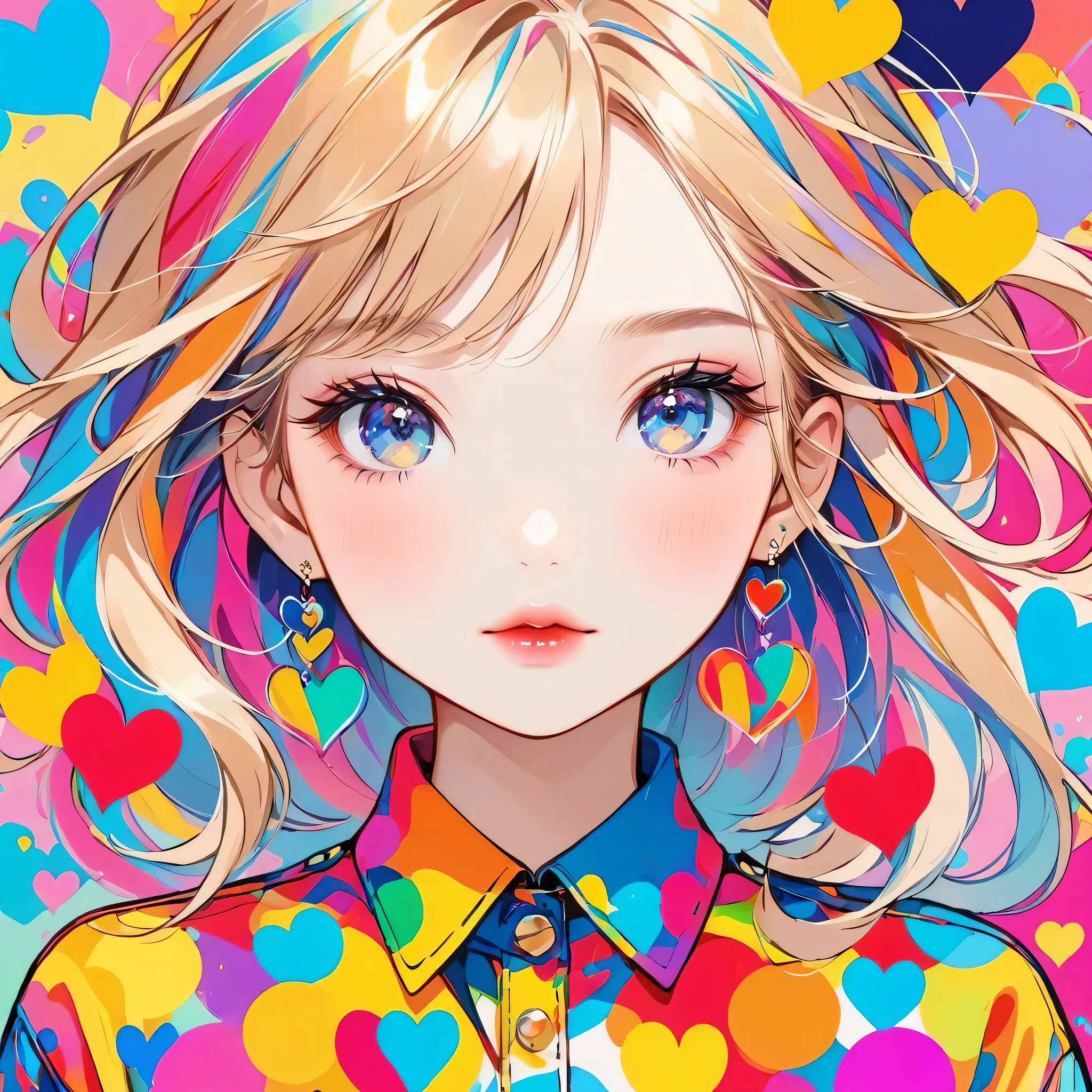 Mika Pikazo colorful style, Simple Line Initialism,Abstract art,Urban Background, (((The most beautiful girl of all time))), Sweet face. Lips in love, colorful hearts, stylish design