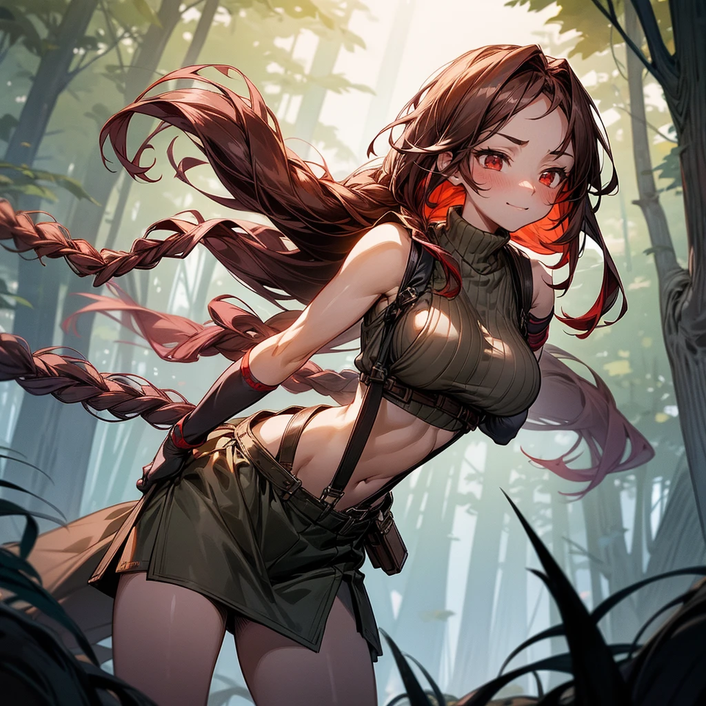 1female, sexy, big breast, young adult, finely detailed red eyes, wild long hair, braided hair, dark brown color hair, adventurer gear, suspenders, sleeveless crop top sweater, baggy combat skirt, night time, dark forest, happy expression, flowers, blushing, standing on path, lanturns, black armband, mma gloves