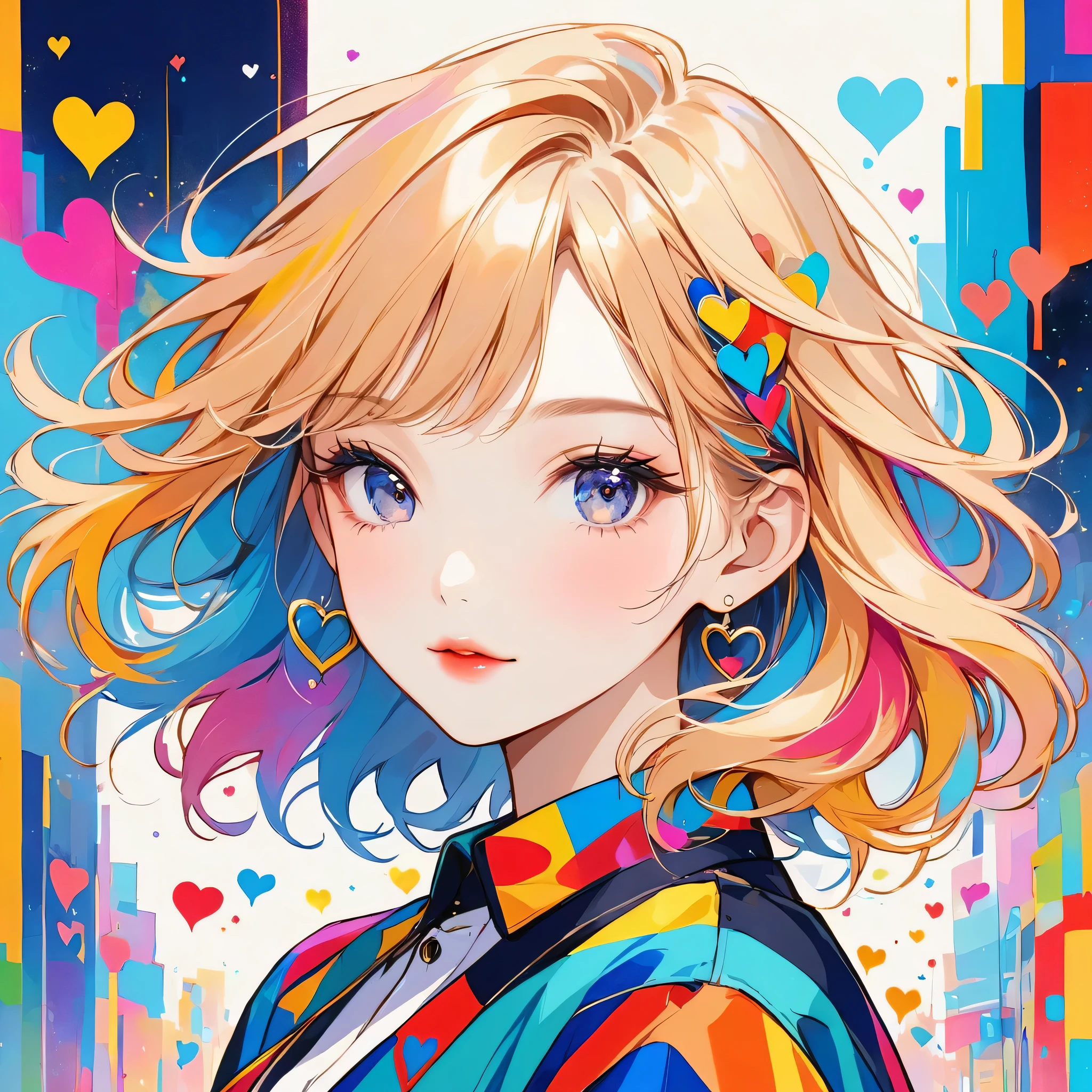 Mika Pikazo colorful style, Simple Line Initialism，Abstract art，Urban Background, (((The most beautiful girl of all time))), Sweet face. Lips in love, colorful hearts, stylish design