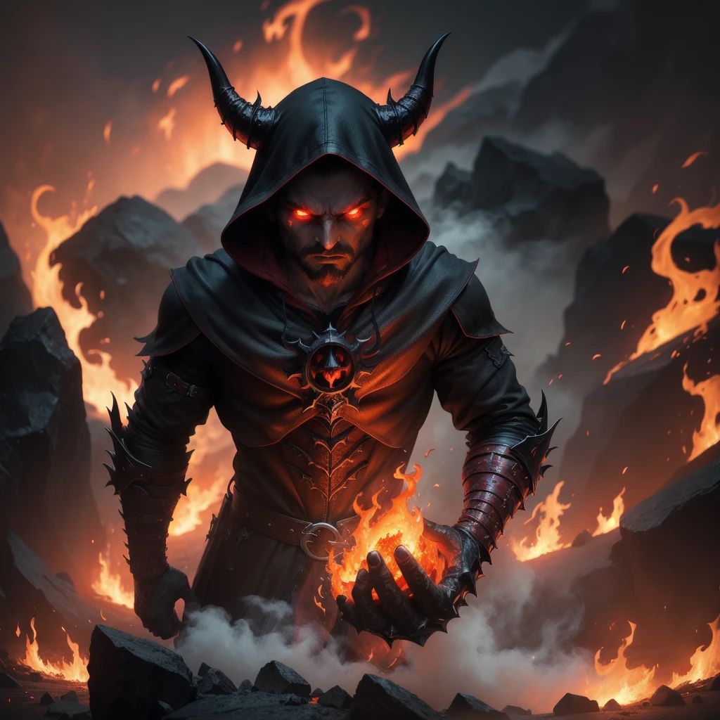 a hooded devil emerging from flames, dark fantasy, intricate details, highly detailed, 8k, photorealistic, masterpiece, dramatic lighting, dynamic composition, intense colors, moody atmosphere, cinematic, chiaroscuro, dark red and orange hues, dramatic shadows, intense fire effects, twisted and gnarled horns, glowing red eyes, sharp claws, menacing expression, powerful presence, hellish landscape, swirling smoke and embers, dramatic camera angle, cinematic composition