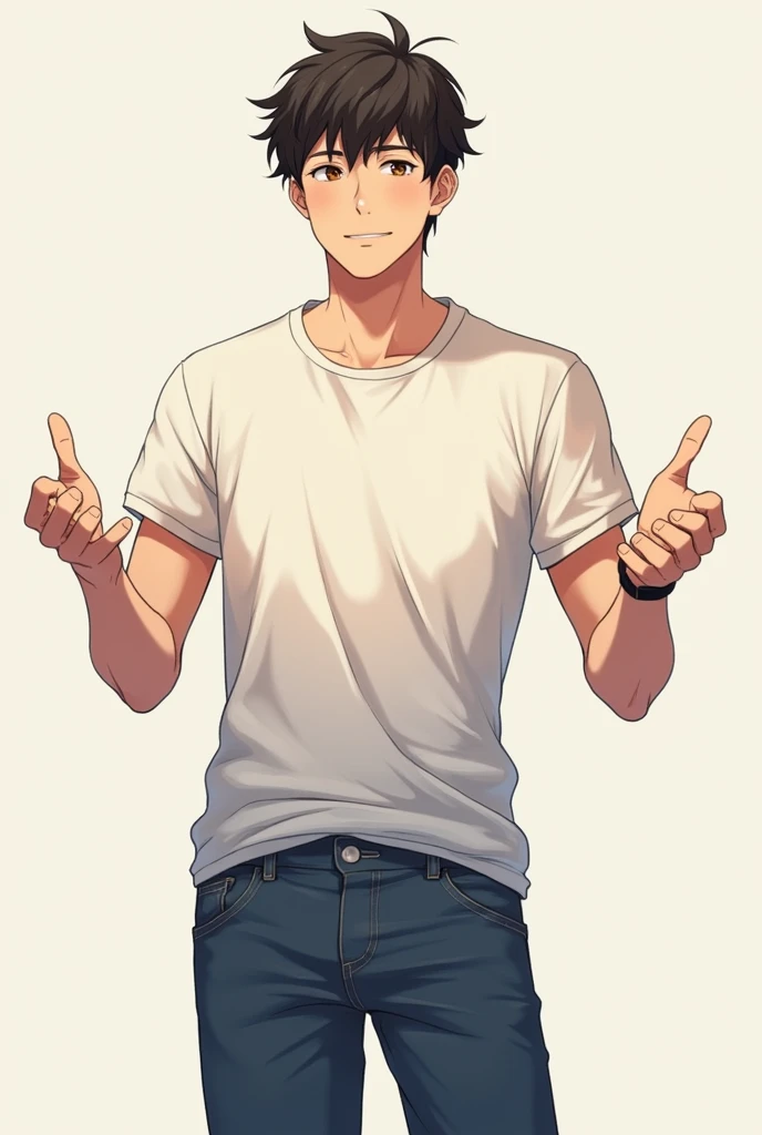 An handsome young man talking like he was talking to someone, his body language is open, he wears casual outfit, full body, realistic portrait, anime style