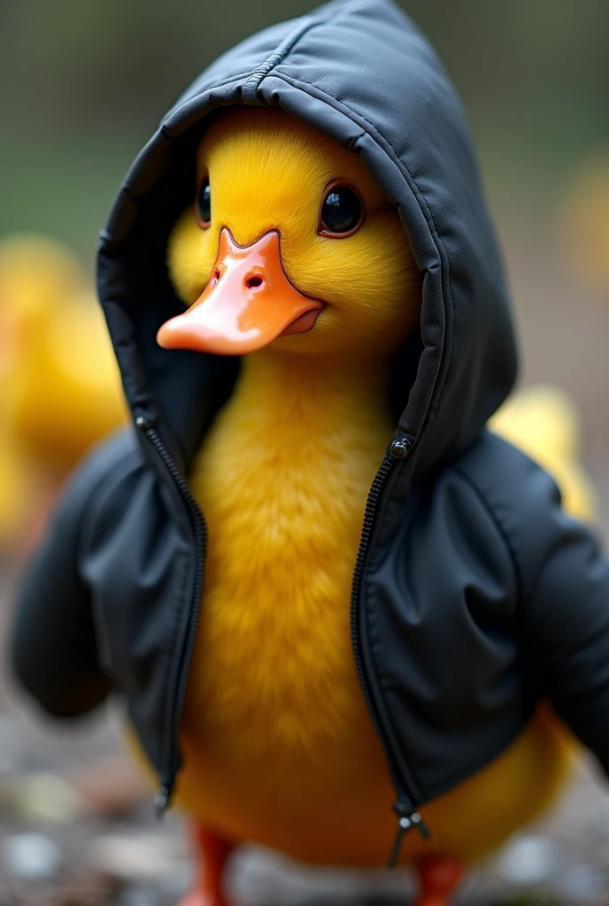 the duck has bright yellow plumage., but instead of its usual plumage, He is wearing a black hooded jacket that fits him very well... The hood covers your head and neck., giving it a very cool and modern look. the duck'eyes shine with curiosity, and their wings are ready to unfold at any moment.