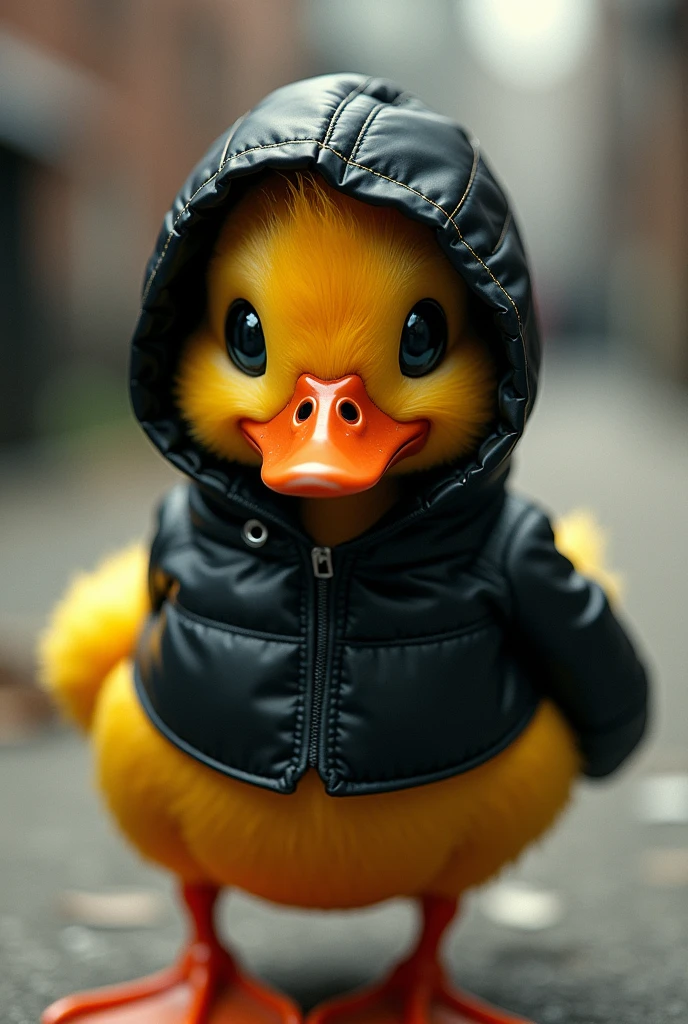 the duck has bright yellow plumage., but instead of its usual plumage, He is wearing a black hooded jacket that fits him very well... The hood covers your head and neck., giving it a very cool and modern look. the duck&#39;eyes shine with curiosity, and their wings are ready to unfold at any moment.