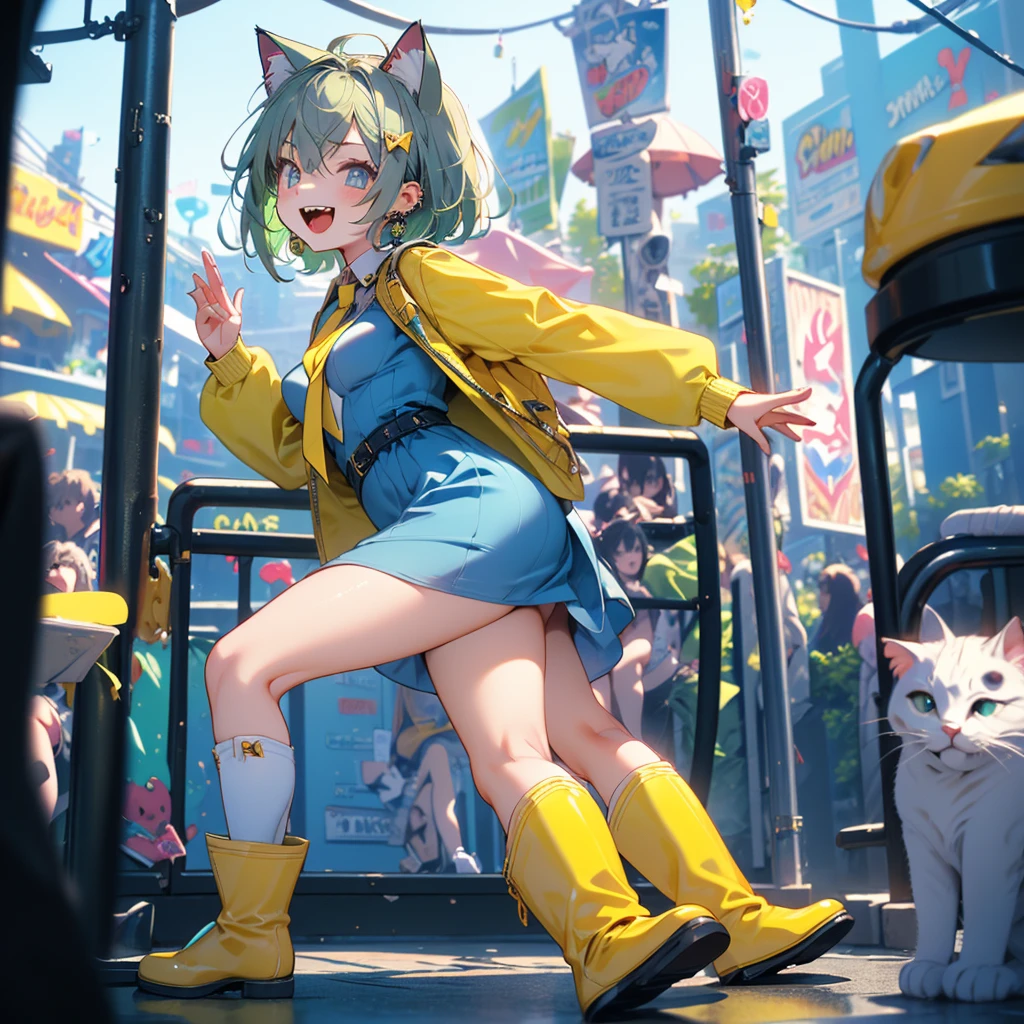 (8k, RAW Photo, Top Quality, Refined Details, Masterpiece: 1.2), (High Resolution 8k Wallpaper), Sharp Focus, Professional Lighting, Depth of Field, Cinematic Lighting, Background Blur, (1Girl:1.4), (small breasts:1.4), Smile, whole body, (white knee-high socks: 1.2), (green hair: 1.2), (blue dress: 1.4), (yellow tie: 1.4), (yellow boots: 1.4), animal ears, short hair, earrings, cat ears,cat tail,blue eyes, standing looking back,playing with my boyfriend at the amusement park