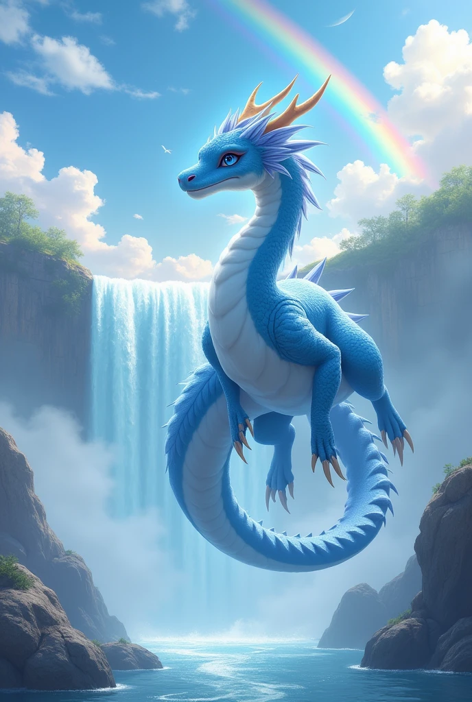 masterpiece, Highest quality,Japan Dragon God、Blue dragon、Rin々A gentle and calm expression、With fluffy fur。Its face is facing upwards and it is flying towards the sky。No wings、Sparkling and kind eyes、It has a long, slender body like a snake, with thin, short limbs and a large distance between its front and back legs.、The background is a waterfall and a rainbow、The body is so long that it doesn't fit on the screen