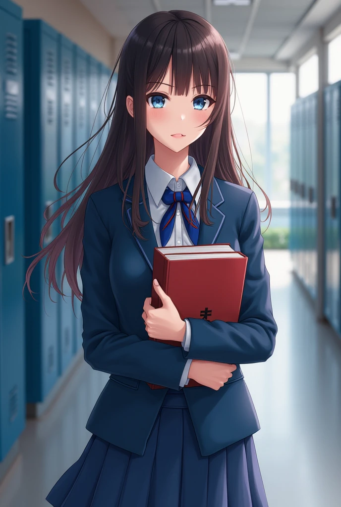 A realistic image of a woman with dark brown hair, blue eyes, very beautiful, with her school uniform, blue tie with red, Blue blazer, blue skirt, holding some books, background a school hallway