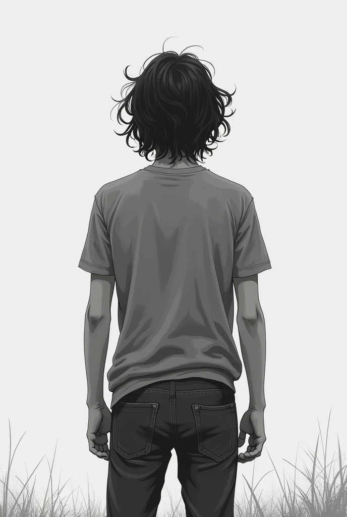 Back of tall, thin boy, with semi-long wavy hair in black and white with Argentine features, with sad casual clothes