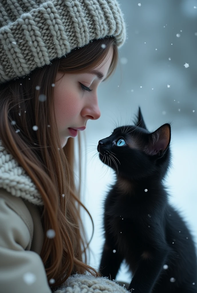 A 1 woman and a black cat meet in the snow、The young woman has long brown hair、Photo from the shoulders up、Wearing a knitted hat、Beauty、The black cat is freezing and skinny in the snow、Blue Eyes、kitten、Staring、4K,distinct、