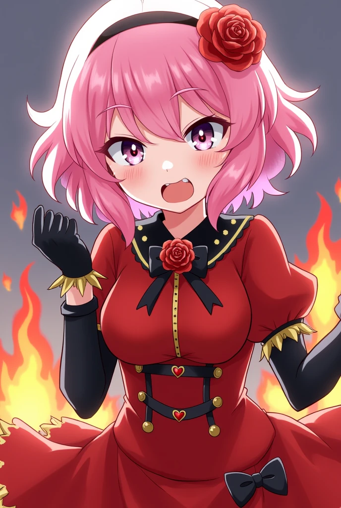 a girl with pink hair, that is depicted in an anime or game style. She has slightly wavy hair, that reach to the shoulders, with longer strands on the sides. She wears an elegant, red dress with black details. The front of her outfit has a rose decoration on the collar and a heart pattern. Her arms are partially visible and she wears black gloves, that cover their forearms. She looks very angry