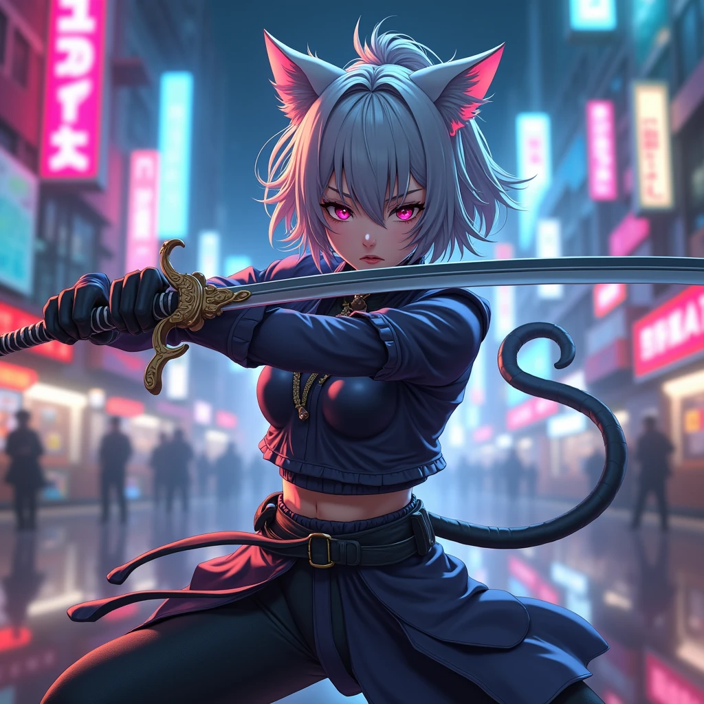 Anime character holding a sword in the night city, Amazing anime 8k, Very beautiful cyberpunk samurai, Anime Style 4k, knife zero video game character, she is holding a knife sword, knife, Artjam and Athi Gairan, dramatic wielding knife pose, Lostrun 8k, unsheathing her knife, Cat ear, Silver Hair, 3D Rendering,