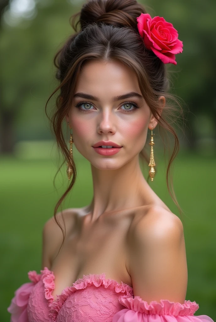 Woman Jennifer connelly Young 20 years old model long hair Brow bun with red rose in hair n blue eyes dress Pink ballet flamenco sevillana ruffles lace long gold earrings in park 