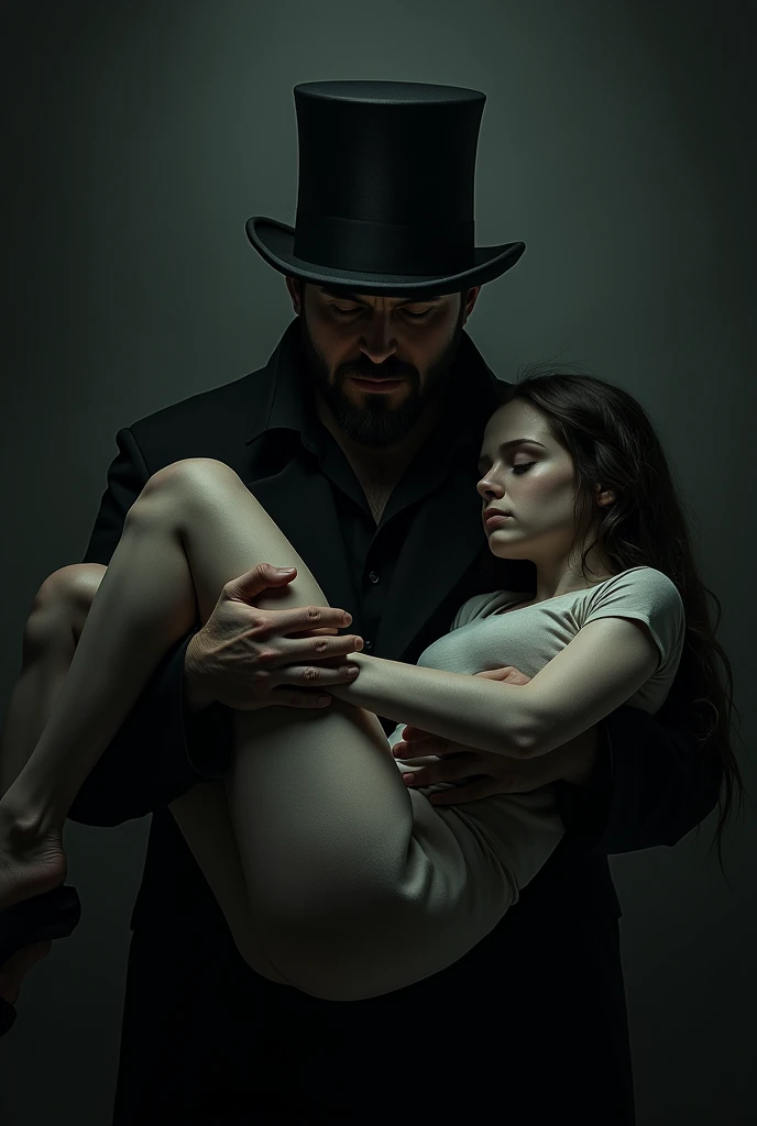 Man in top hat and short beard holding a teenage girl who passed out during the night 