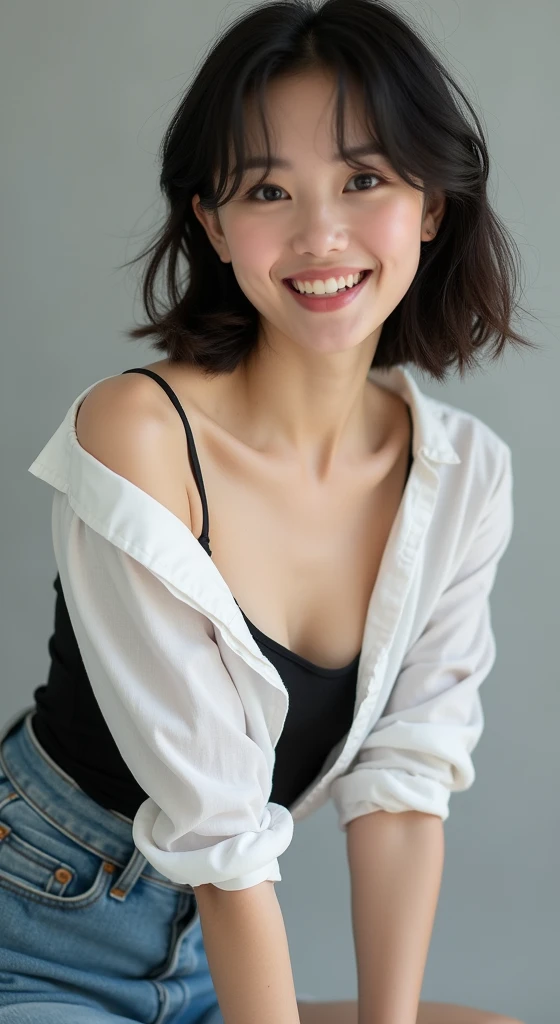 ((Highest quality, 8k, Portraiture: 1.3)), (Viewer Display), Photographic realism, Sharp focus, alone, A very beautiful Japanese office lady、Denim mini skirt、 (Black tank top)、oversized clothes,White bra、Troubled face、Open your mouth、smiling at viewer、short hair、Gray background、Leaning forward、Front Light、Bend your body,front、down blouse, ((Cleavage)), low angle