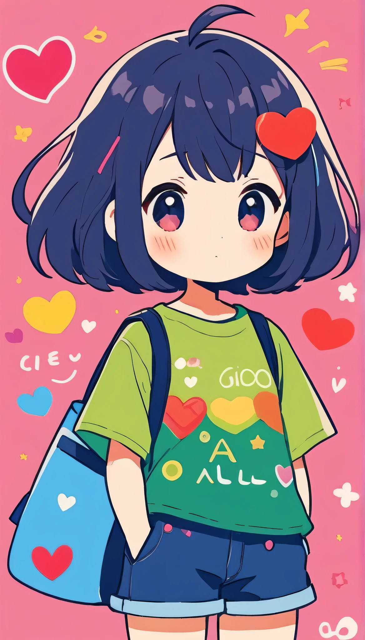 Makoto Shinkai colorful style, Simple Line Initialism,Abstract art,Kawaii Design, The most beautiful girl of all time、chibi, (((Cute aliens))), colorful hearts, summer version