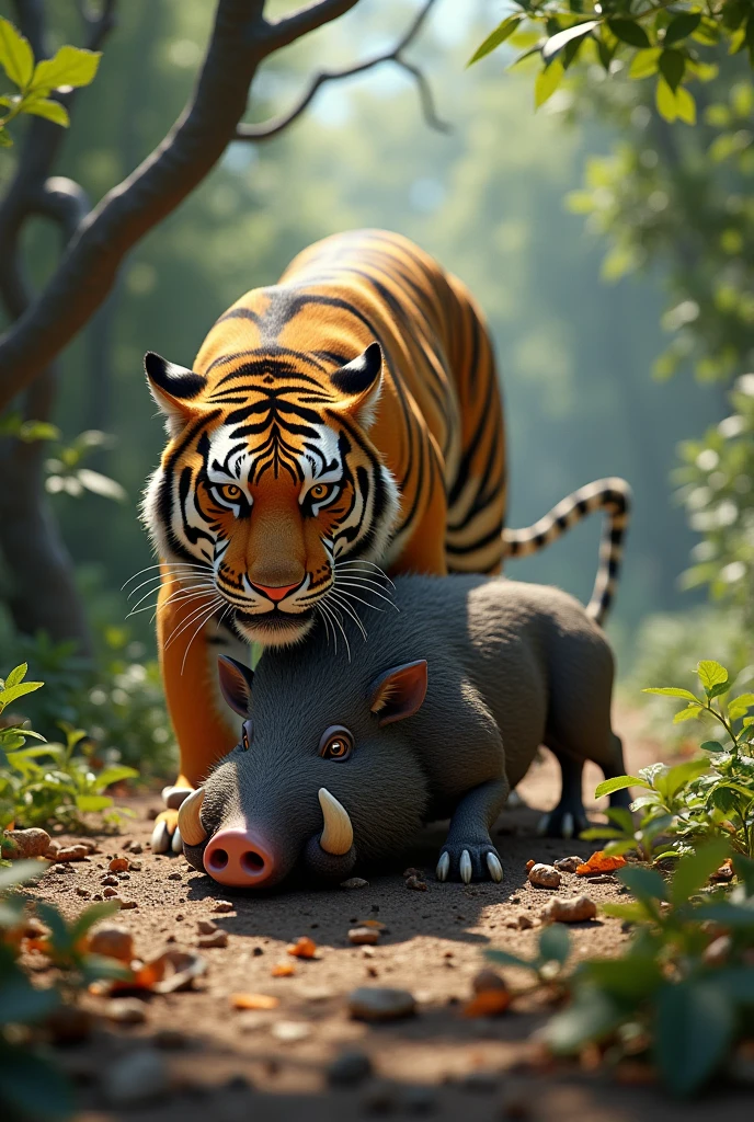A tiger hunting a wild boar that is more realistically animated, another one eating it, another one eating it, another one, without the wild boars on the side, without the tigers on the side