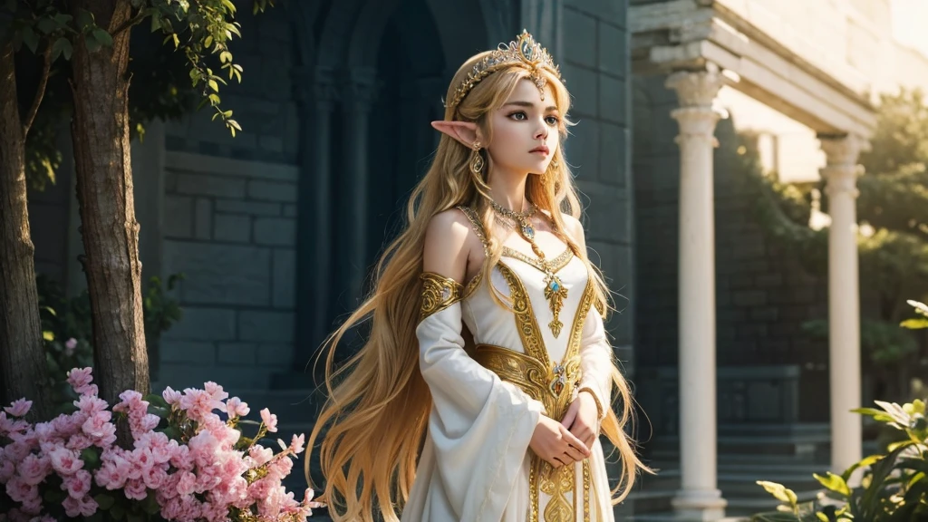 Depiction of only the upper body"A graceful portrait of Princess Zelda from The Legend of Zelda, focusing on her full upper body as she stands elegantly. Zelda is dressed in her royal attire, a flowing gown that is adorned with intricate golden patterns and symbols of the Triforce. Her long, blonde hair is styled in soft waves, with a delicate tiara resting atop her head, symbolizing her status as the princess of Hyrule. She stands with poise, her posture straight and regal, her hands gently resting in front of her. Her expression is calm and serene, yet her violet eyes convey a sense of wisdom and quiet strength. The soft glow of the surroundings enhances her ethereal presence, making her appear almost otherworldly, a true embodiment of grace and power."