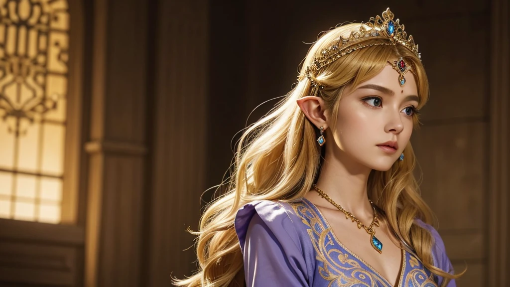Depiction of only the upper body"A graceful portrait of Princess Zelda from The Legend of Zelda, focusing on her full upper body as she stands elegantly. Zelda is dressed in her royal attire, a flowing gown that is adorned with intricate golden patterns and symbols of the Triforce. Her long, blonde hair is styled in soft waves, with a delicate tiara resting atop her head, symbolizing her status as the princess of Hyrule. She stands with poise, her posture straight and regal, her hands gently resting in front of her. Her expression is calm and serene, yet her violet eyes convey a sense of wisdom and quiet strength. The soft glow of the surroundings enhances her ethereal presence, making her appear almost otherworldly, a true embodiment of grace and power."