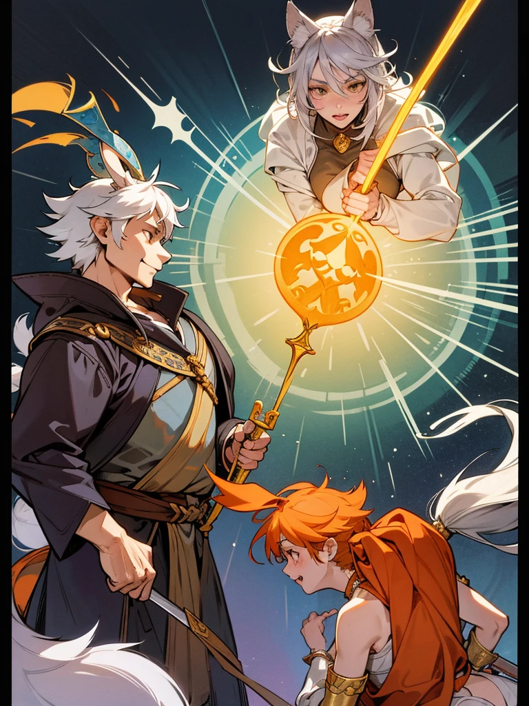 (Mucha style:0.5) , furry , Adventure fantasy, the magician old silver wolf , with the droopy-eared swordsman orange rabbit girl , The Swordsman supports the Magician while he is casting a spell.