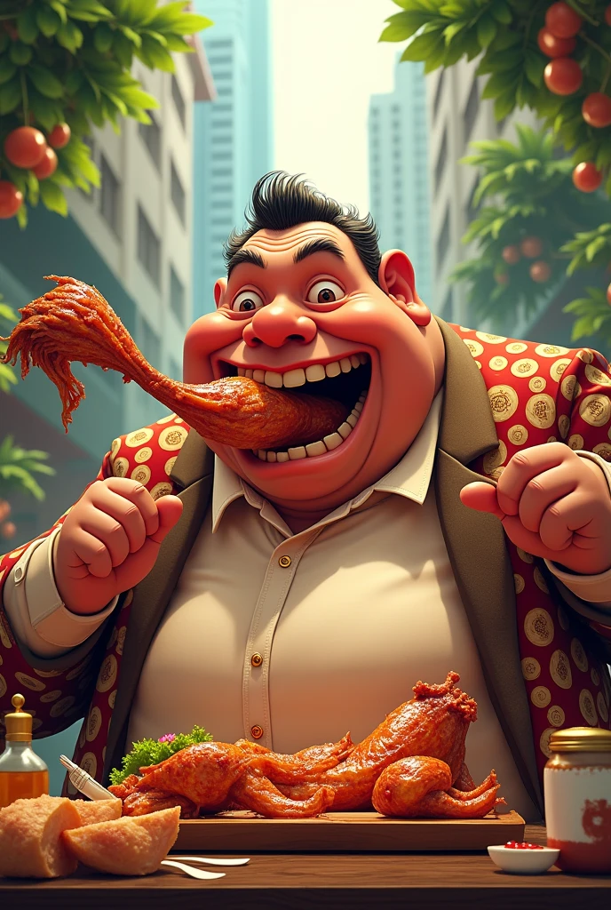 Fat man Billionarie in philippines eating  like a monster chewing lechon pork animated