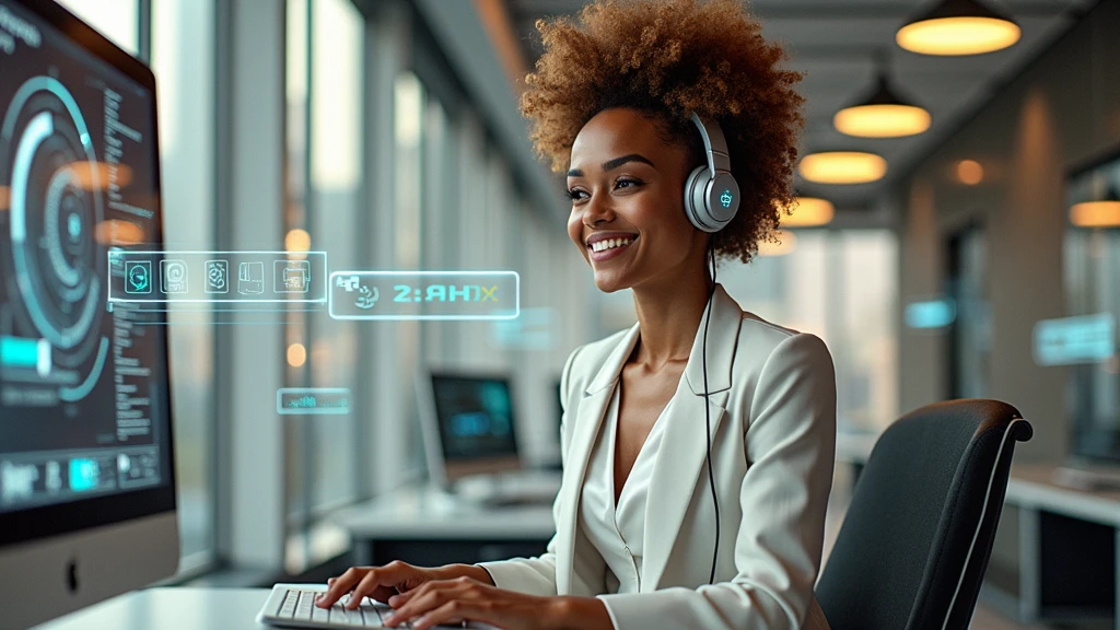 Create an image of a young woman resembling Andy Allo, working as a customer service representative in a futuristic setting. She has medium-length, curly hair with a golden brown hue and a warm skin tone. She is wearing a casual yet professional outfit, like a fitted jacket over a simple blouse. The setting around her is a high-tech office space with holographic screens and digital interfaces floating around her. She is seated at a sleek desk with a headset on, and her expression is focused yet approachable, capturing the charm and elegance similar to Andy Allo. The background features large windows showing a cityscape with tall buildings and a bright, clear sky.