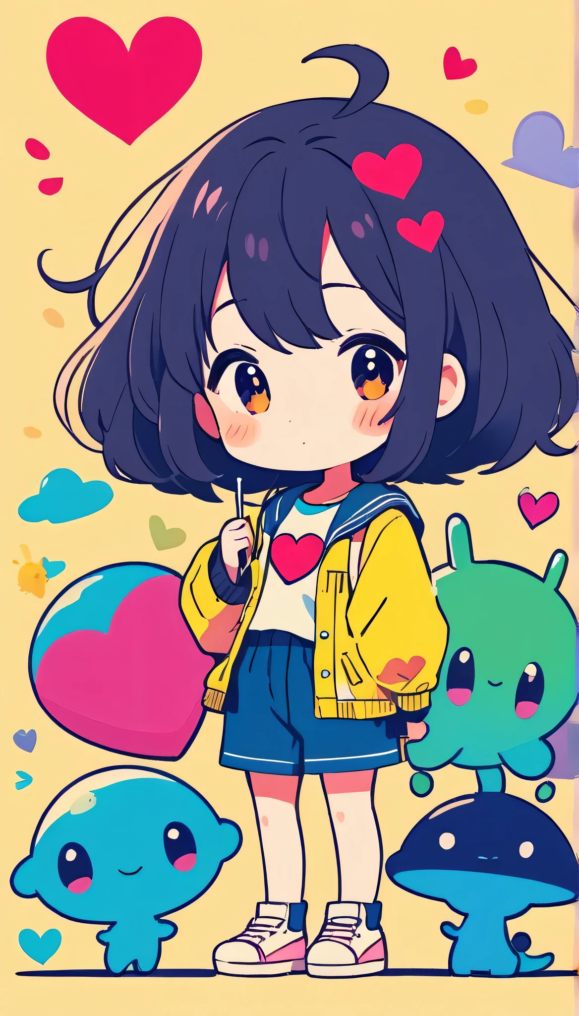 Makoto Shinkai colorful style, Simple Line Initialism,Abstract art,Kawaii Design, The most beautiful girl of all time、chibi, (((Cute aliens))), colorful hearts, summer version