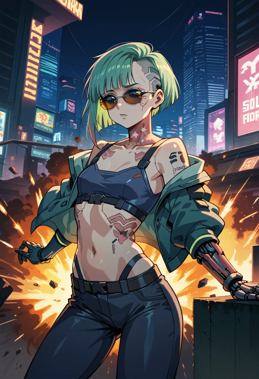 1 cyberpunk girl, sunglasses, short hair, robotic arm, tattoo on a large part of the body , jump from a building ,big cyberpunk city at night in background, detail richness, masterpiece, best quality, explosion of flashy colors , cyberpunk 2077 style