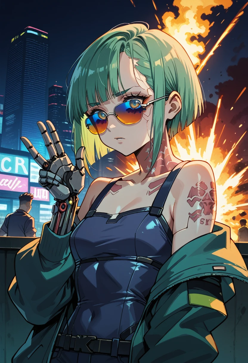 1 cyberpunk girl, sunglasses, short hair, robotic arm, tattoo on a large part of the body , jump from a building ,big cyberpunk city at night in background, detail richness, masterpiece, best quality, explosion of flashy colors , cyberpunk 2077 style