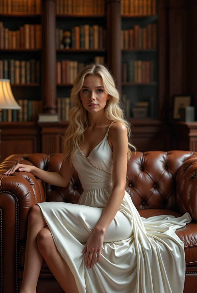 Blonde model in white silk dress, posing on a leather sofa in an office decorated with dark wood paneling, a library full of old books in the background, offering a contrast between feminine elegance and a masculine setting.