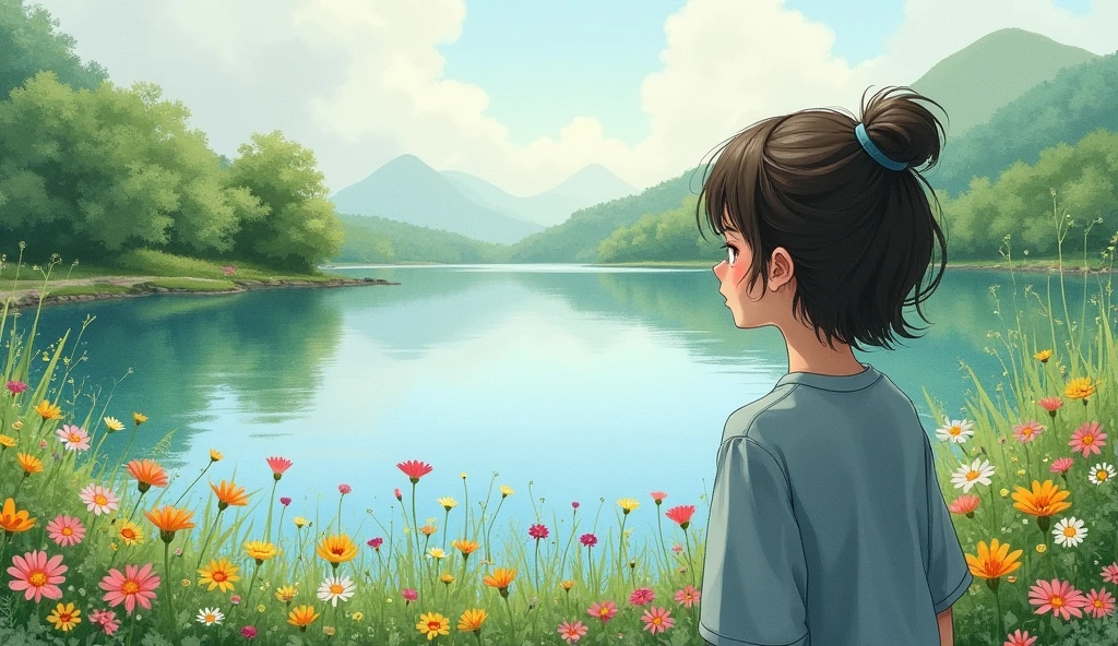 watercolor art thoughtful person looking at a beautiful lake with flowers