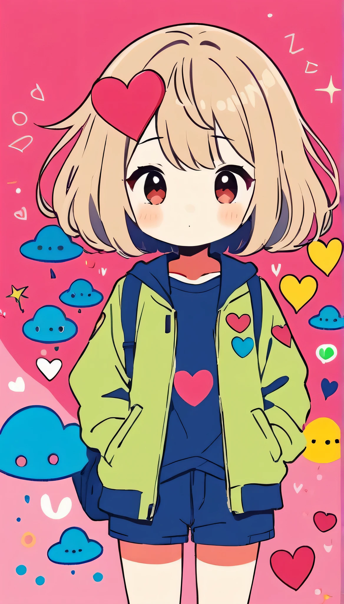Makoto Shinkai colorful style, Simple Line Initialism,Abstract art,Kawaii Design, The most beautiful girl of all time、chibi, (((Cute aliens))), colorful hearts, summer version
