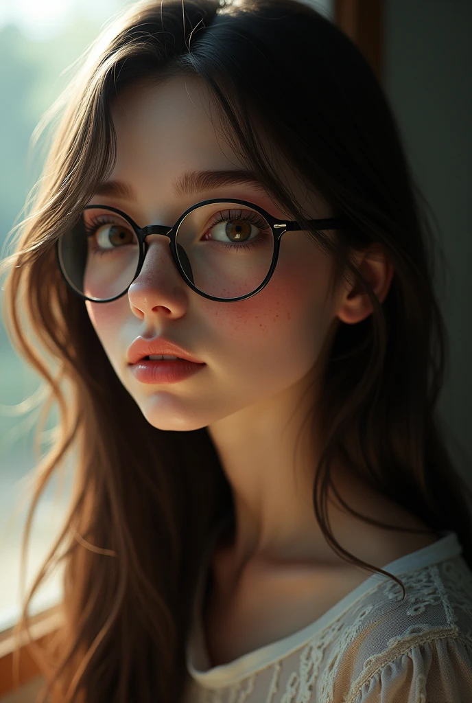 Make a girl with long hair, that have some dark circles that are not noticeable, that has glasses, freckles and that is white