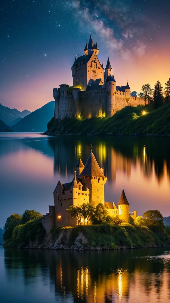 Old castle in the lake Crescent Moon star Mystical scenery
