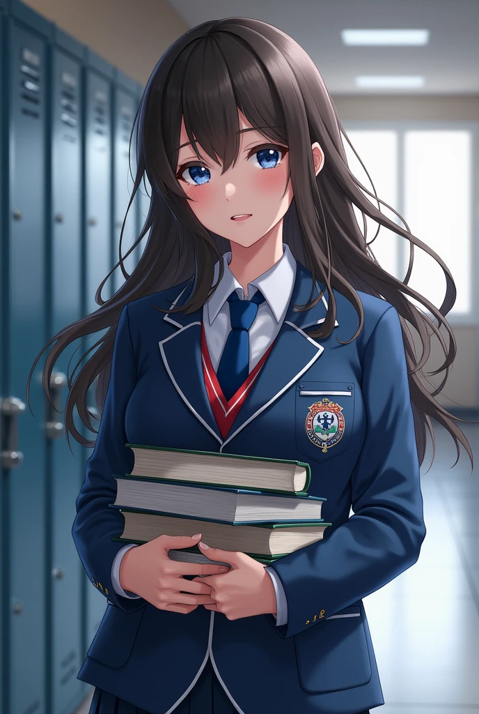 A realistic image of a woman with dark brown hair, blue eyes, very beautiful, with her school uniform, blue tie with red, Blue blazer, blue skirt, holding some books, background a school hallway