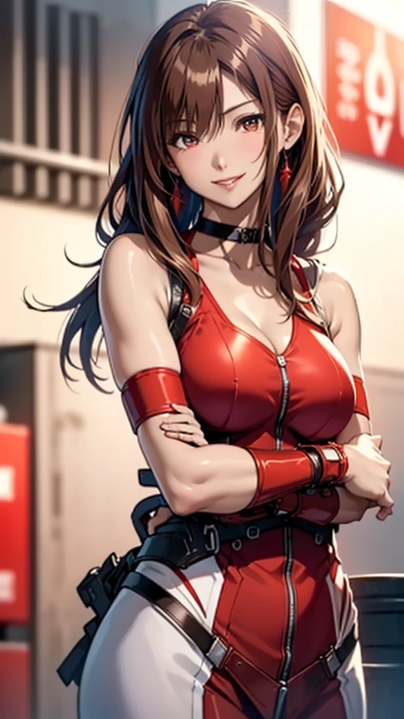 (Close-up、Highest quality、Attention to detail、Rich skin detail、Hmph)、(Highest quality, 8k, oil, Tabletop:1.2), Very detailed, (Realistic, Realistic:1.37), (((Full Body Shot)))、Vibrant colors, (((Point your index finger to the sky)))、(((Red Bondage)))、(((I have a choker around my neck)))、(((Sexy vibe)))、(((20-year-old woman)))、(((Small breasts)))、((Red lips))、(((Red clothes)))、((Bust isDcup))、(((Light brown hair)))、(((length)))、((( White wall in the background))), (((A charming smile)))、(((Cleavage)))、(((Girly Hairstyles)))、(((Long Hair)))、(((In front of a white wall)))、(((Light brown hair)))、(((Fold your arms in front of your chest)))、(((he has his arms crossed)))、(((It is a sleeveless outfit)))、(((I wear bright red bondage gear)))、(((The girth of the chest is 85 cm)))、(((Small breasts)))