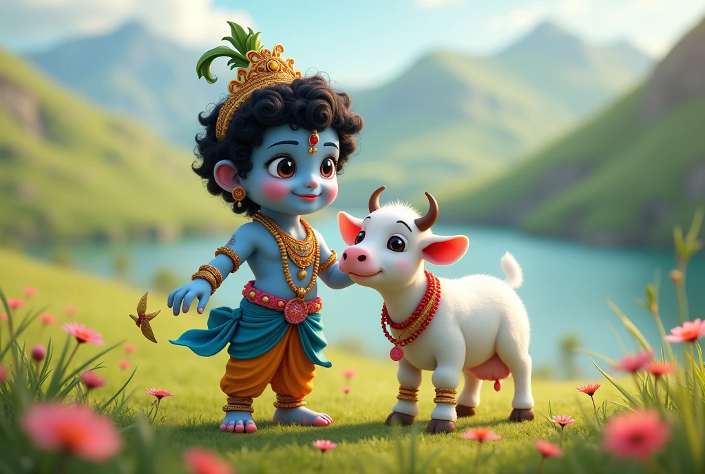 Generate a really very adorable and cute image of little shree Krishna, with his small white cow. Make this image full sized, realistic and in HD poster size.