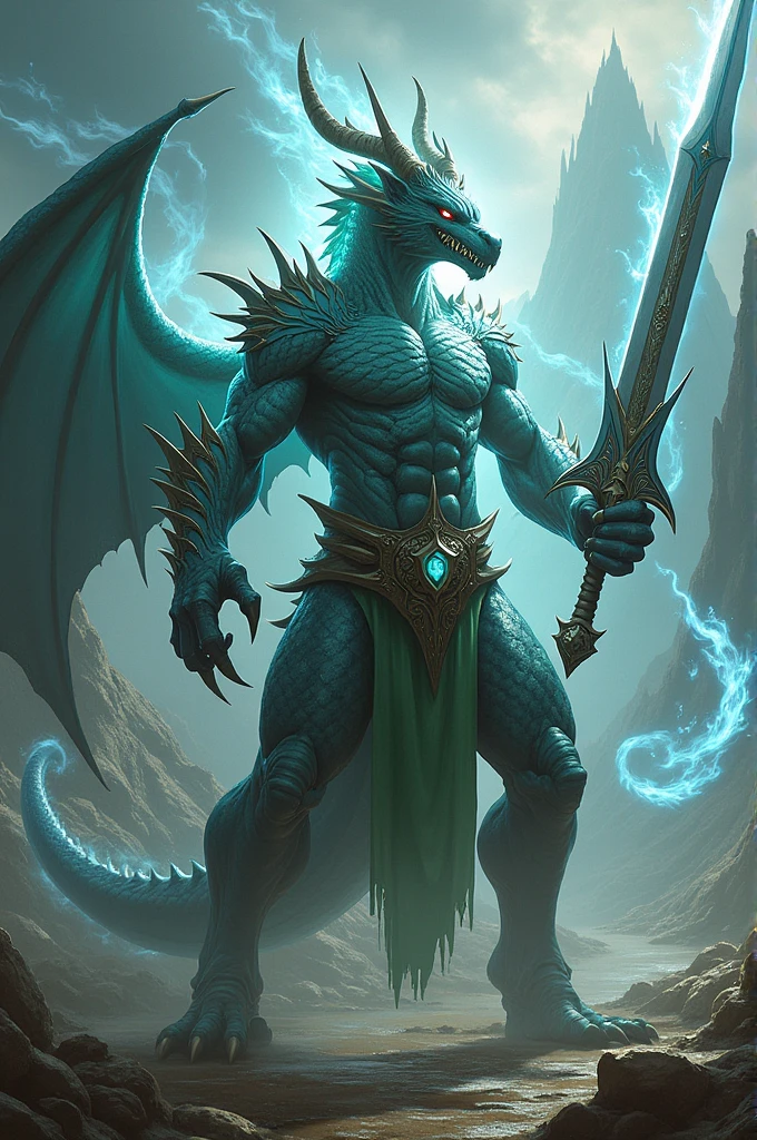 Humanoid dragon with sword and magic
