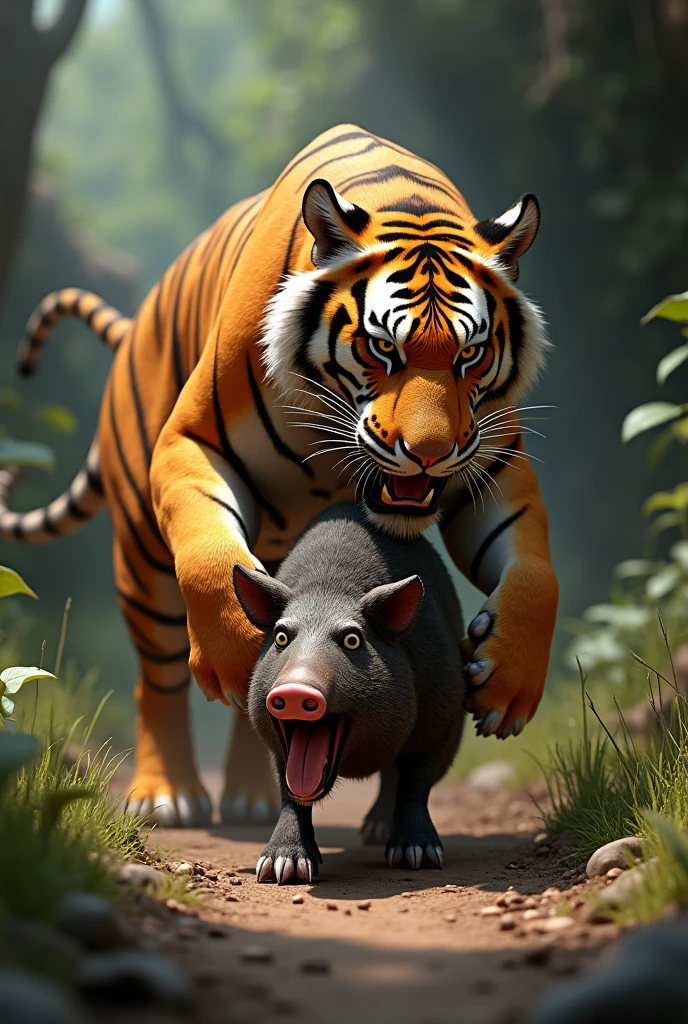 A tiger hunting a wild boar that is more realistically animated, eating it another one eating it another one oooother without the wild boars on the side without the tigers on the side eating it 