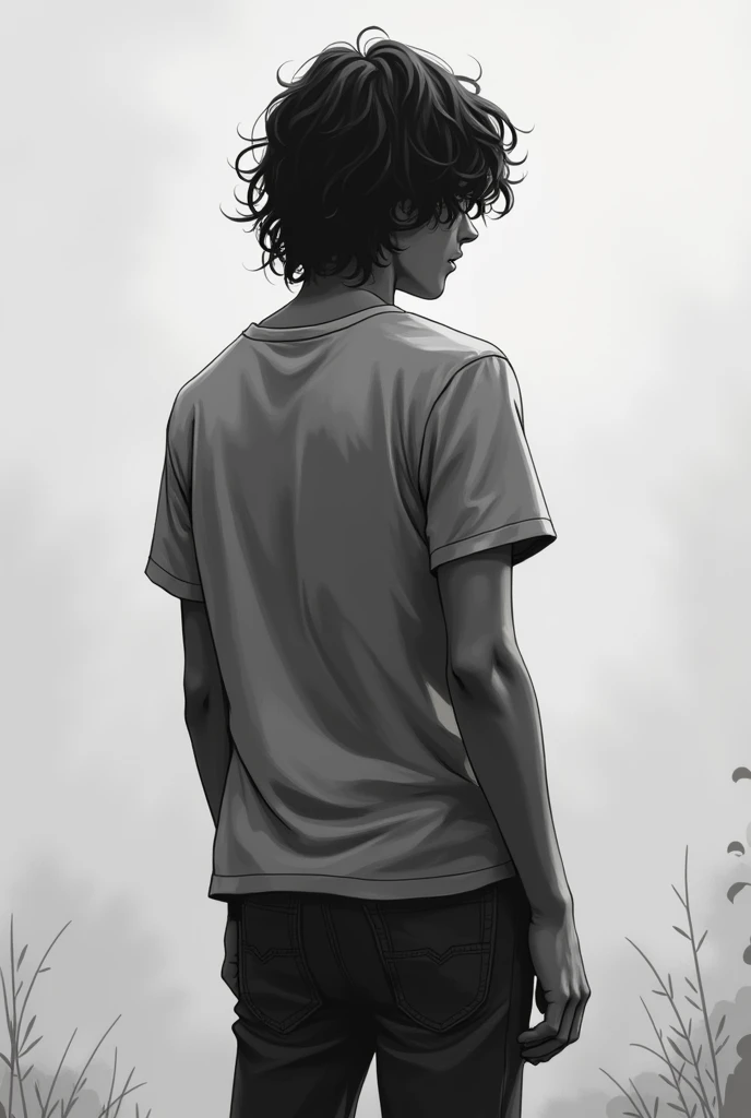 Back of tall, thin boy, with semi-long wavy hair in black and white with Argentine features, with sad casual clothes