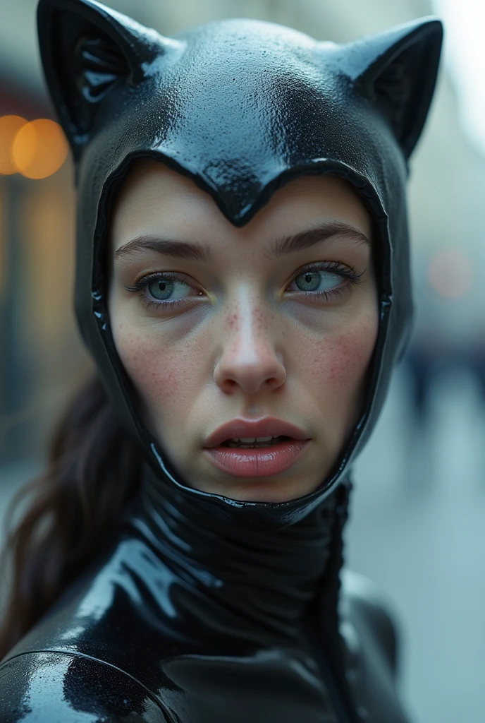 a skintight airtight glossy transparent foggy clear rubber layer is skintight-airtight-sealing the face of a  catsuited slim european  girl who is gasping for air, trapped inside rubberstore