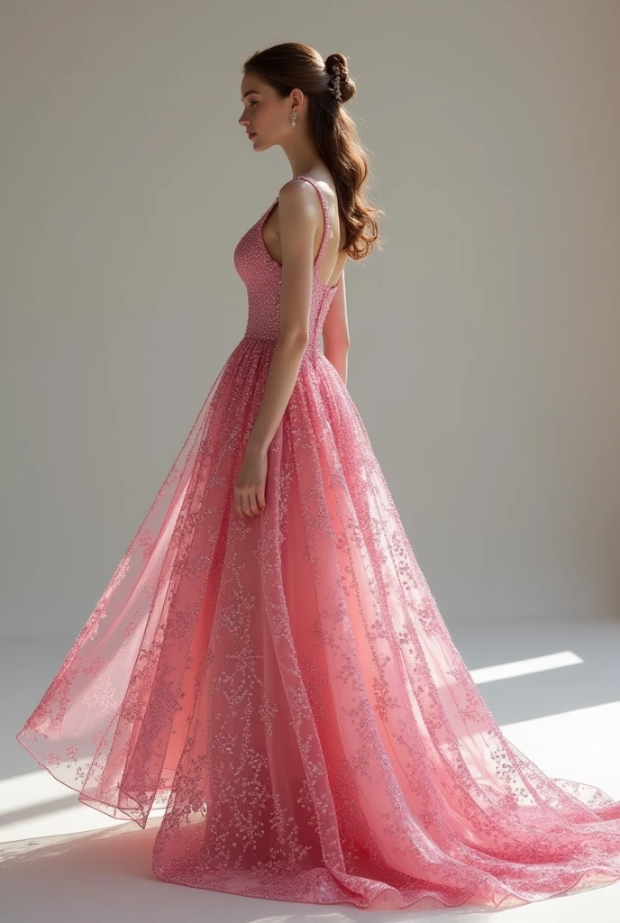 European woman model with hairstyle wearing long dress with pink rhinestones. Show the whole dress.
