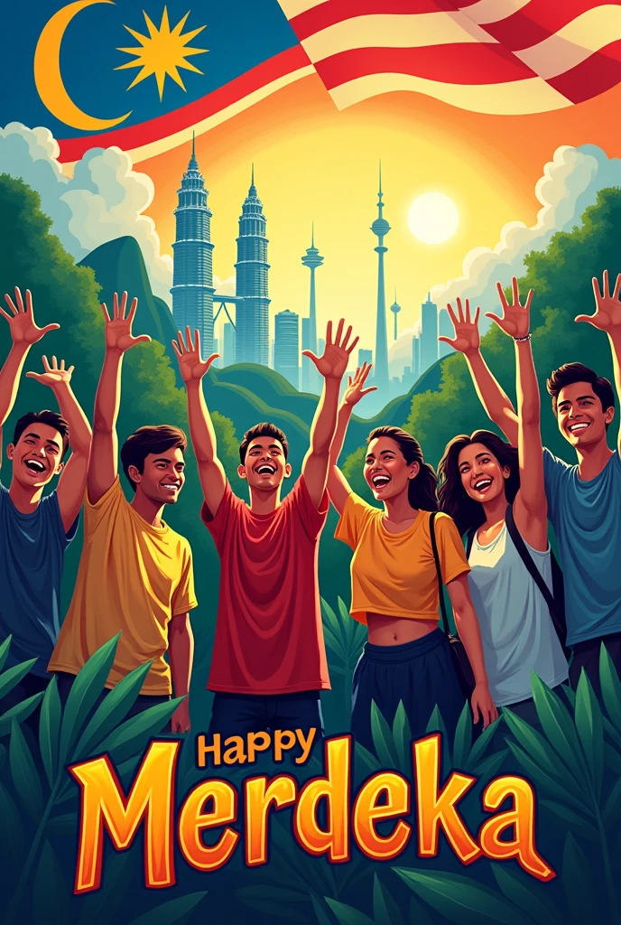 Merdeka celebration poster with the theme of Malaysia&#39;s independence spirit