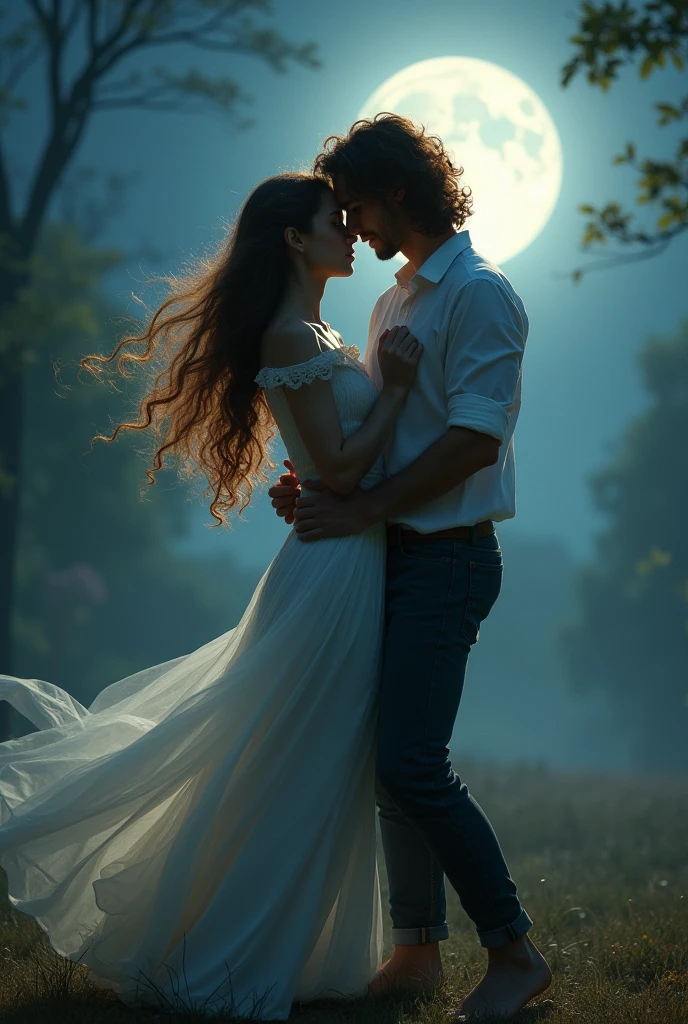 couple,light skinned woman,Long hair woman,brown haired woman,woman leaning on man,Brown hair man,curly hair man,fair-skinned male,Man holding woman,mystical moonlight place,man dancing with woman