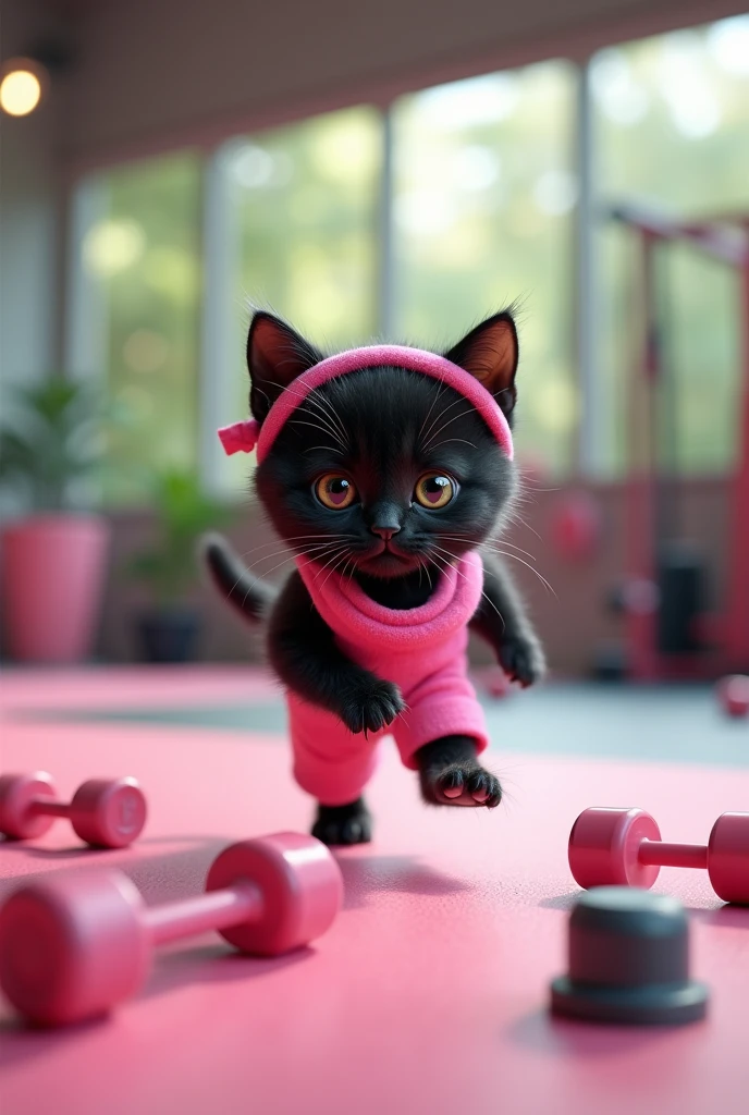 Black kitten dressed in pink training in the gym