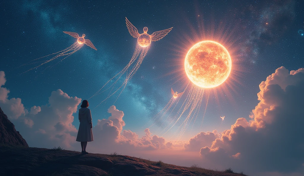 A celestial scene featuring Mercury and Uranus depicted as glowing planets in a star-studded sky, with angelic figures hovering nearby. The scene is filled with shimmering light and ethereal colors. A person stands in the foreground, looking up with wonder as cosmic energy streams down, symbolizing revelation and truth. --ar 16:9