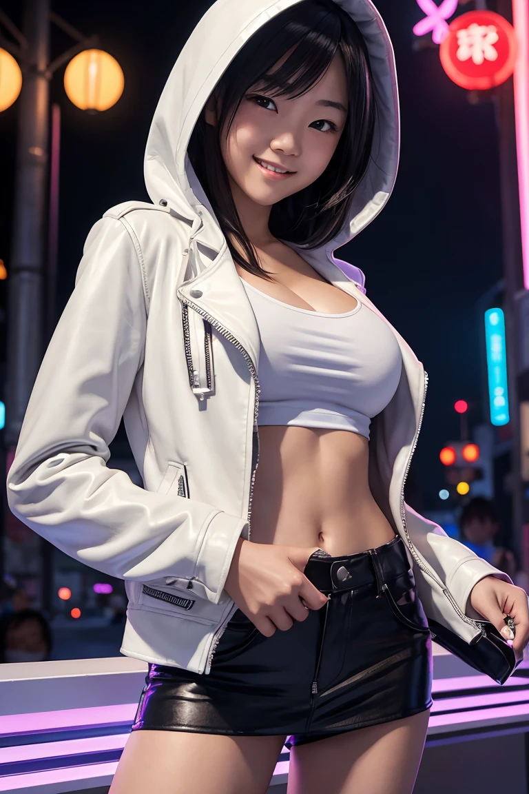 
A young Japanese girl, wearing a white t-shirt, a leather jacket and a hood up.
She was looking at me with a smile on her beautiful face, her breasts so big that they accentuated her cleavage.
she has a pistol in her hand,
Late night entertainment district with dazzling neon lights