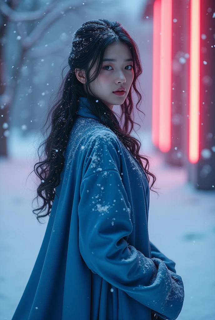 8k Beautiful Asian woman in blue winter clothes, in the snow surrounding her body, with a neon color behind